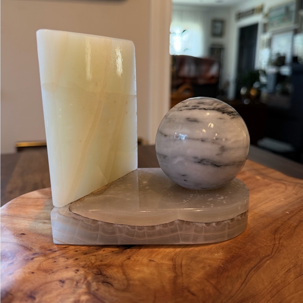 MCM Vintage 1970s Italian Tan, Grey and Cream Marble and Alabaster Bookend